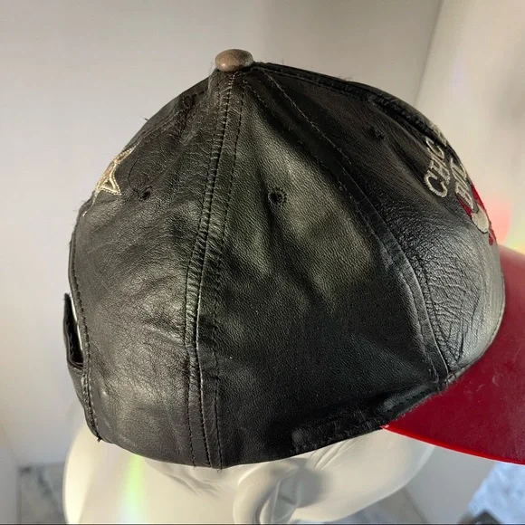 1990s” NBA Chicago Bulls Red/Black Leather Jeff Hamilton Design Strap back Hat
